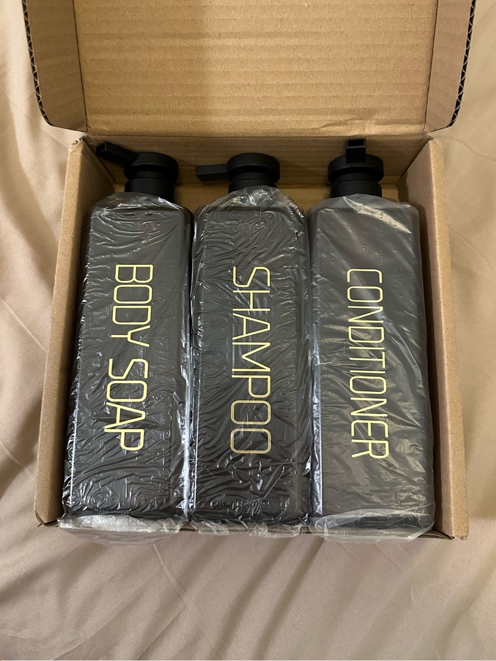 Bathroom Bottles Set - Body Soap, Shampoo, Conditioner - Brown & Gold